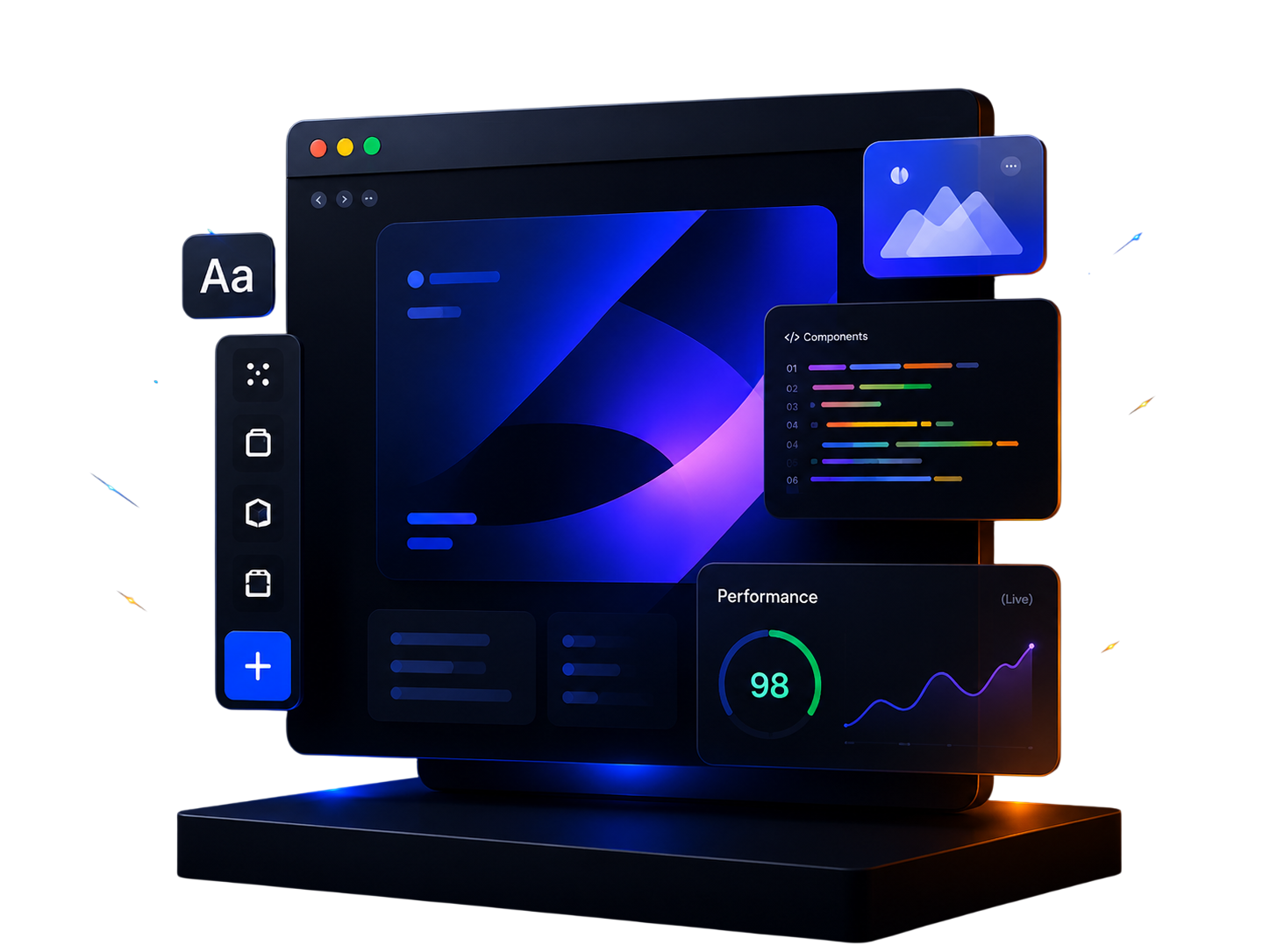 Modern Sparksite website dashboard preview with blue and orange interface elements